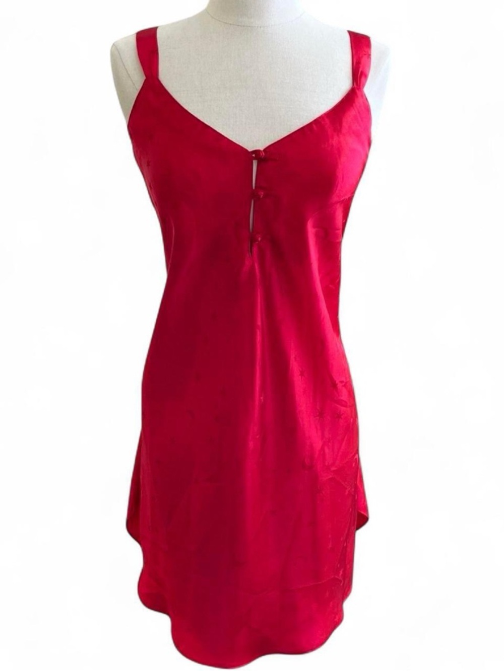 Red Satin Slip Dress with Front Button Detail - Size Medium